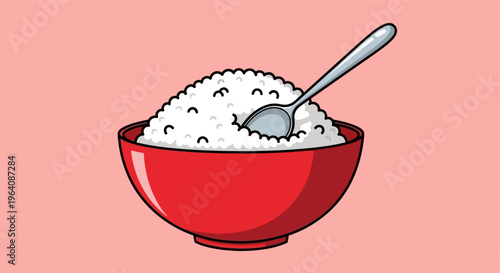 A cheerful cartoon illustration presents a vibrant red bowl filled with fluffy white rice and a silver spoon, symbolizing a wholesome and fundamental staple food prepared for a delicious meal