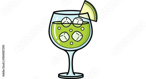 Vibrant green refreshing drink served in an elegant glass with crisp ice cubes and a fresh melon slice, evoking a cool and delightful summer experience, perfect for relaxation