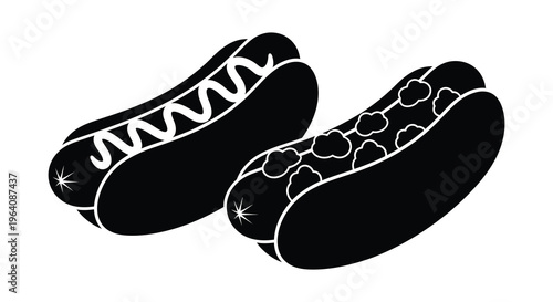 Two black silhouettes of hot dogs with different toppings mustard and relish are prominently displayed silhouette high quality professional detailed modern