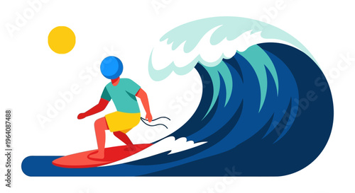 Surfer riding a large ocean wave under a bright sun, capturing the thrill of extreme water sports and summer adventures