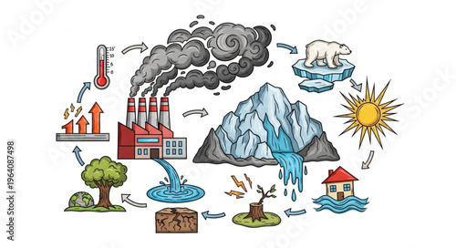 Climate Change Illustration - Rising Temperatures, Melting Ice, and Environmental Impact.