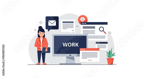 Modern illustration of a person working on a computer with multiple windows and notifications, representing productivity and office tasks