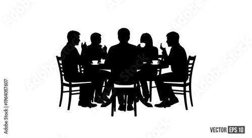 Silhouette of a group of people sitting around a circular table discussing business or ideas