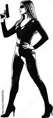 Beautiful Secret Agent Woman Holding a Handgun Wearing Black Catsuit Mask and High Heels in Silhouette Style Vector Line Art