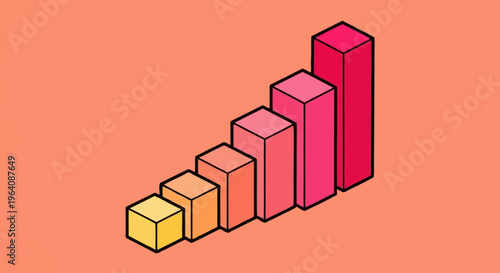 Isometric 3D bar chart illustration showing a steady upward trend and positive growth, depicting business progress, financial data analysis, and statistical visualization
