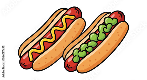 Two cartoon hot dogs one with mustard and one with relish presented in a simple colorful silhouette high quality professional detailed