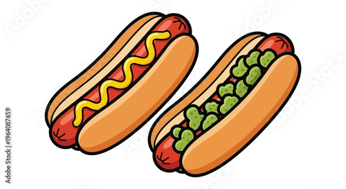 Two cartoon hot dogs with mustard and relish are playfully displayed against a white background a vibrant silhouette high quality professional