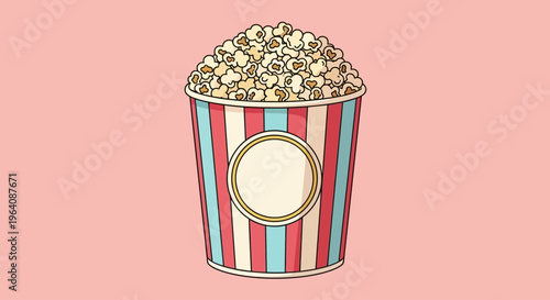 A delightful illustration of a classic striped bucket filled with fluffy popcorn, perfect for movie nights, entertainment, and a cozy snack experience