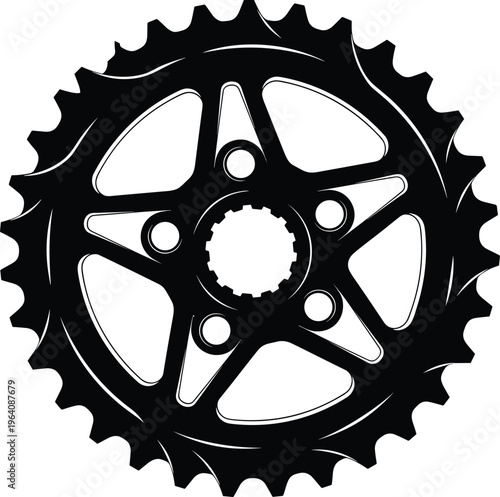 Bicycle sprocket gear detailed black vector illustration with mechanical cogwheel design isolated for cycling industry branding engineering and industrial use
