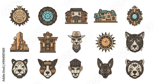 Collection of Steampunk-inspired pixel art icons featuring animals, buildings, and decorative emblems for graphic design and digital projects