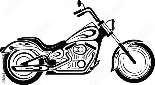 Black and white motorcycle with flame design, vintage chopper vector illustration isolated on white background, classic cruiser bike graphic art
