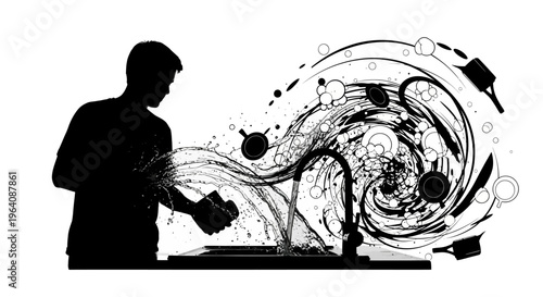 Monochrome Graphic Art Depicting a Person's Silhouette Washing Dishes, with Abstract Water Splashes Creating a Dynamic, Swirling Vortex Around the Faucet and Sink