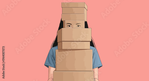 Woman hidden behind stack of boxes, illustration of burden and overwhelming tasks or moving house