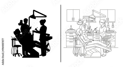 Detailed Line Art and Striking Silhouette Depicting a Modern Dental Clinic Environment with Healthcare Professionals Providing Patient Care and Oral Treatment