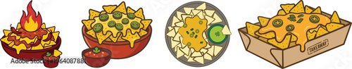 Web Loaded Nachos Vector Set for Cinco de Mayo - Mexican Tortilla Chips with Melted Cheese, Jalapeños, and Salsa - Takeaway and Party Platter Flat Illustration Bundle