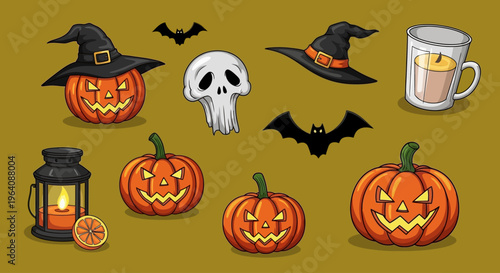 Spooky Halloween Decorations Featuring Pumpkins, Bats, and Witch Hats