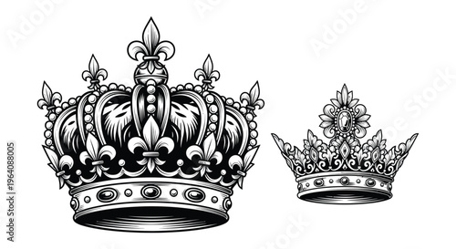 Detailed illustrations of ornate royal crowns with intricate designs and flourishes presented in a striking silhouette high quality professional detailed modern