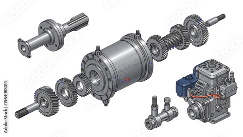 Vector CAD design style of a disassembled mechanical gearbox component