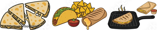 Web Mexican Food Vector Set for Cinco de Mayo - Tacos, Nachos with Salsa, Quesadillas, and Burritos - Flat Illustration Bundle for Restaurant Menus and Fiestas