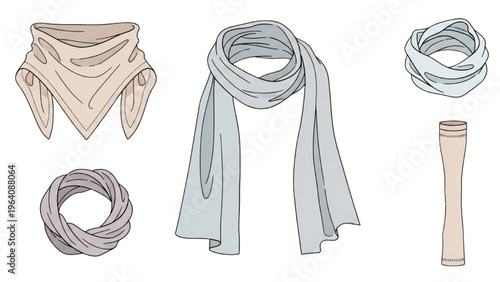 Vector scarf designs in CAD style with fabric folds and textures