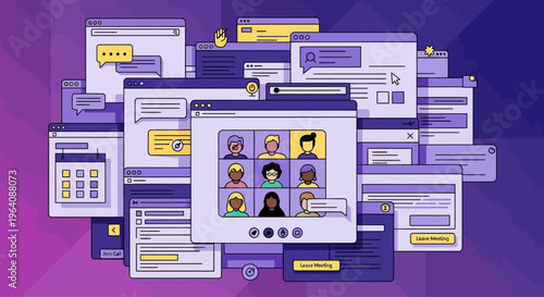 Digital communication and collaboration illustrated through various online platforms and interfaces