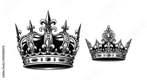 An ornate display of two regal crowns intricately detailed with jewels and flourishes presented as a silhouette high quality professional modern