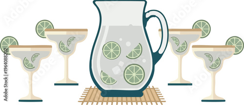 Web Margarita Pitcher and Glass Set Vector Illustration - Minimalist Flat Design for Cinco de Mayo Party, Summer Drinks, and Social Gathering Graphics