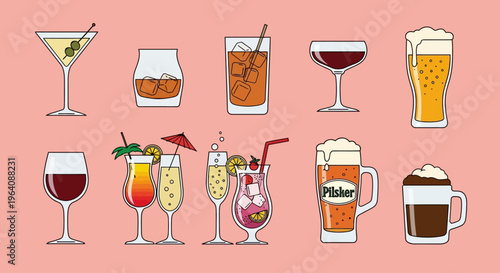 An elegant array of diverse alcoholic beverages and refreshing drinks served in various glasses, perfect for menus, invitations, or celebrating any social gathering and occasion