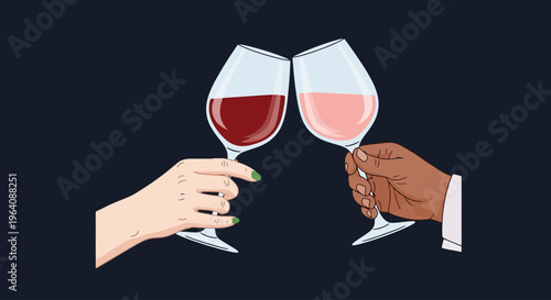 A charming illustration featuring diverse hands clinking wine glasses filled with red and rosé, perfectly capturing the spirit of celebration, friendship, and shared happy moments
