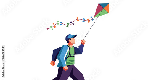 Joyful person in a blue cap flying a colorful kite with a long streamer on a clear white background - illustration of outdoor fun and recreation
