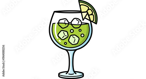 Refreshing green cocktail with ice cubes and lime slice in a wine glass, perfect for summer celebrations and happy hour