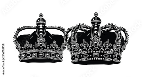 Two ornate royal crowns are displayed against a white backdrop showcasing intricate details a striking silhouette high quality professional detailed modern