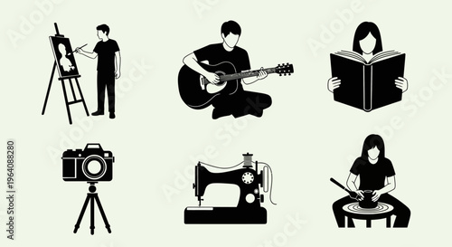 Collection of icons representing various hobbies and creative pursuits, showcasing artistic endeavors and leisure activities