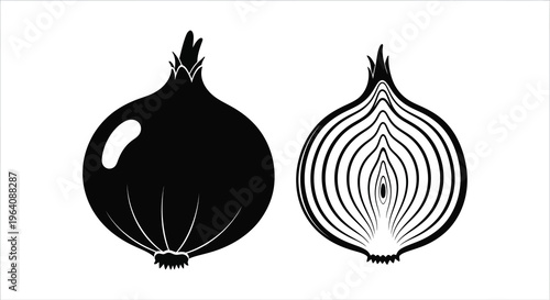 Two onions are displayed one whole and one halved showcasing a striking black silhouette high quality professional detailed modern elegant stylish