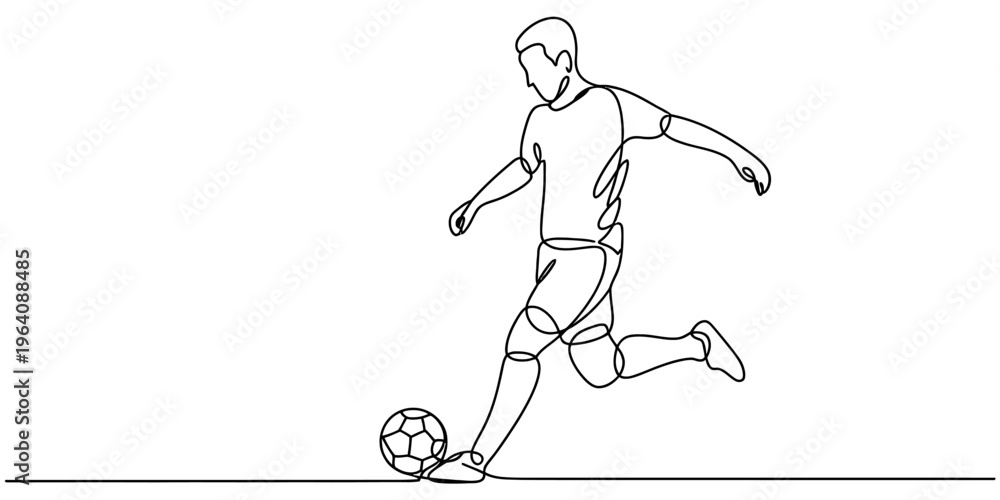 Fototapeta premium A minimalist single continuous line drawing of a soccer player kicking a ball across the field.