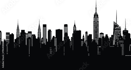 Black silhouette of a modern city skyline with skyscrapers and tall buildings isolated on white background vector illustration design art