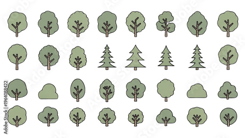 Vector illustration of various trees in a CAD design style for landscape architecture