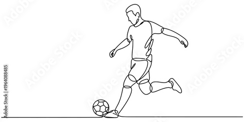 A minimalist single continuous line drawing of a soccer player kicking a ball across the field.