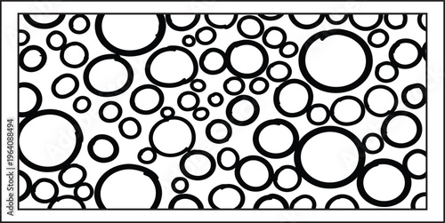 A black and white image featuring a collection of various sized circles on a white background