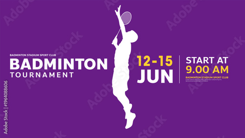 Badminton tournament championship banner template with player jumping silhouette on purple background, Vector illustration EPS 10