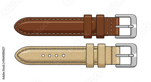 Detailed illustration of two leather watch straps a brown and a beige variant presented as a flat design silhouette high quality