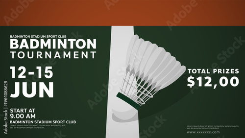 Badminton tournament horizontal banner template with shuttlecock and prize money information on green court background, Vector illustration EPS 10