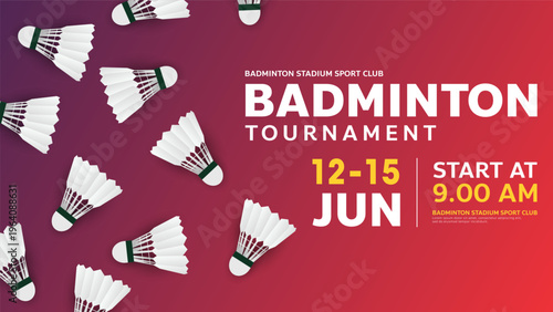 Badminton tournament horizontal banner template with multiple shuttlecocks on purple red gradient background, Vector illustration EPS 10