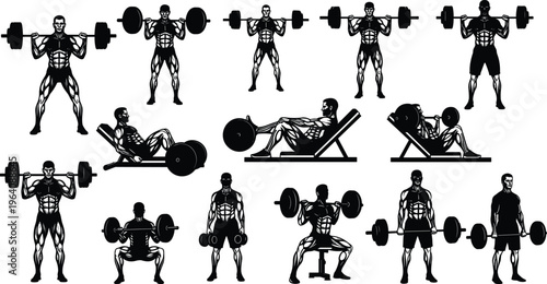Black silhouette vector illustration of muscular athletes performing weightlifting exercises including squats, bench press, curls, deadlifts, leg press