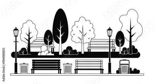 A minimalist park scene featuring trees benches and streetlights presented in a striking black silhouette high quality professional detailed modern elegant