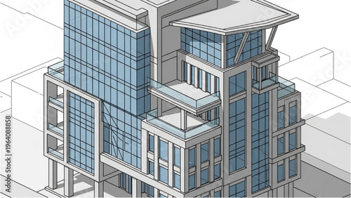 Vector CAD design style illustration of a modern skyscraper building architecture