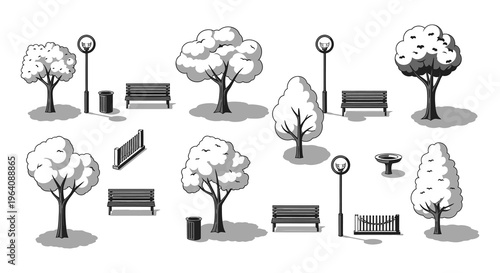 A monochromatic park scene depicting trees benches and lampposts in a distinct black silhouette high quality professional detailed modern elegant stylish