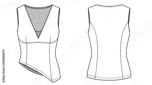 Vector CAD design style illustration of a sleeveless top in two views
