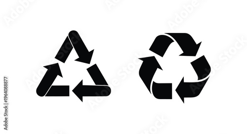Two black recycle symbols are displayed against a white background showcasing a minimalist design silhouette high quality professional detailed modern elegant