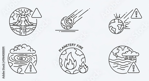 Planetary Disasters - A Collection of Line Art Icons Depicting Global Catastrophes.